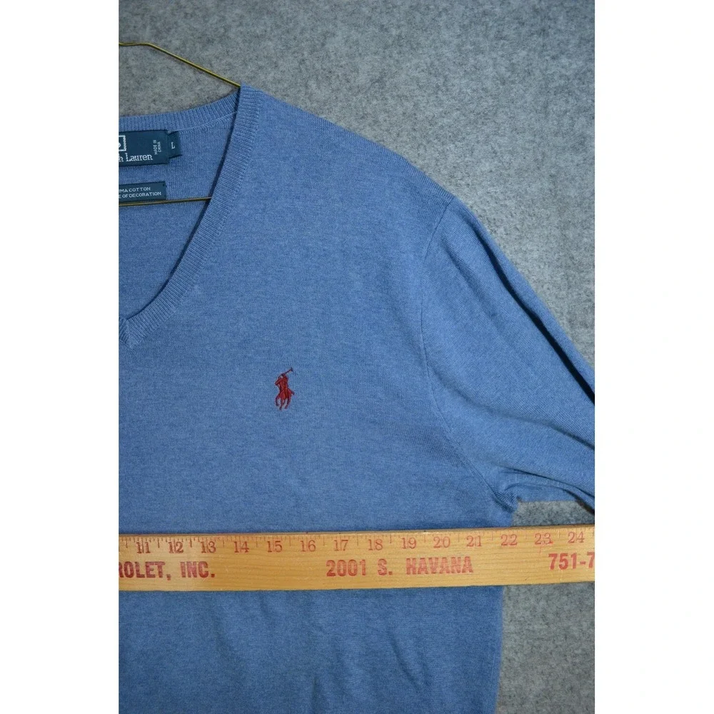 VTG Polo Ralph Lauren Sweater Mens L Blue‎ Pure Pima Cotton V Neck Knit Pullover